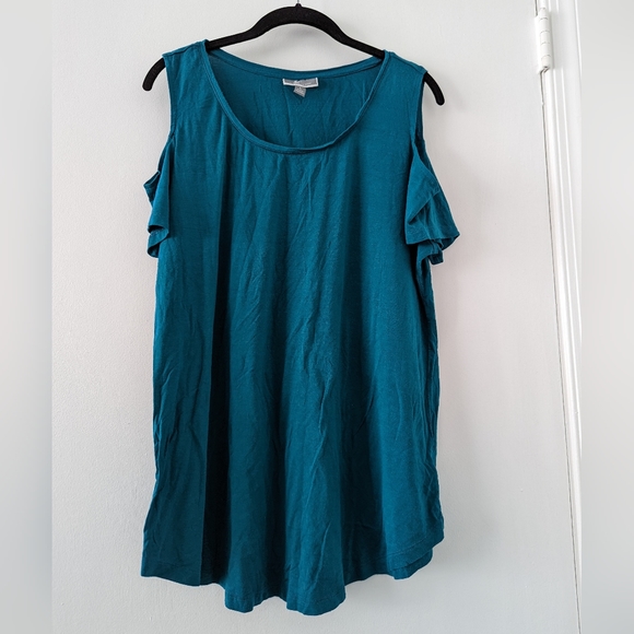 JM Collection Sz Large Teal Shoulder Cutout Top - Picture 1 of 4